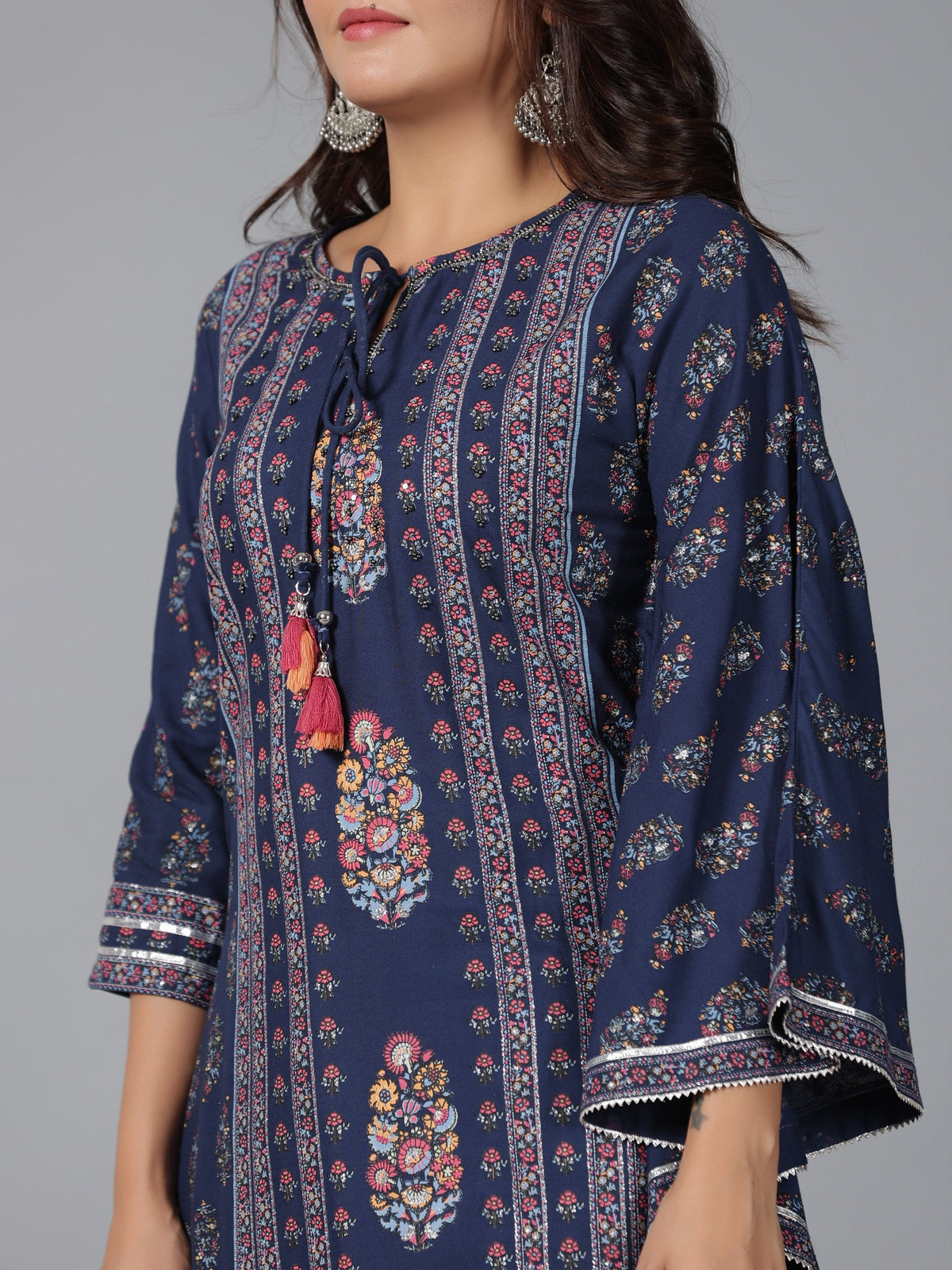 Juniper Women Navy Blue Rayon Printed Kurta Pant Set | Grocsy