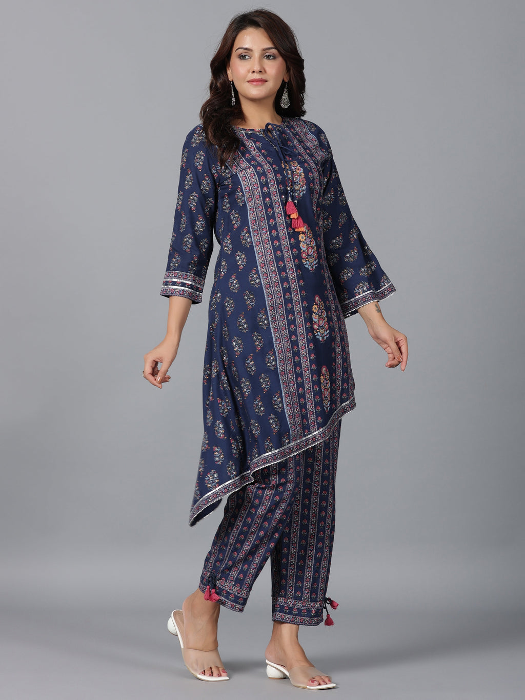 Juniper Women Navy Blue Rayon Printed Kurta Pant Set | Grocsy