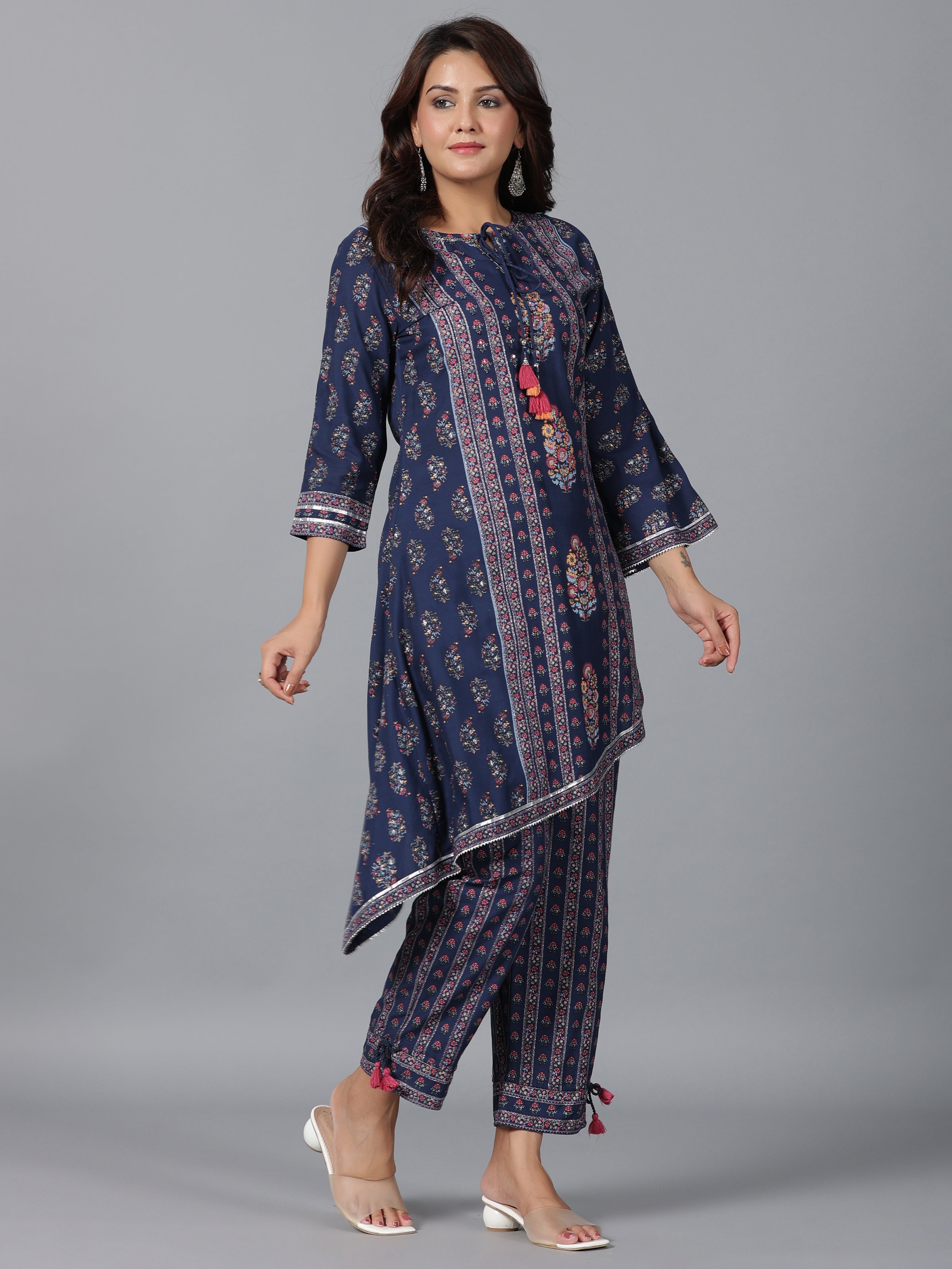 Juniper Women Navy Blue Rayon Printed Kurta Pant Set | Grocsy