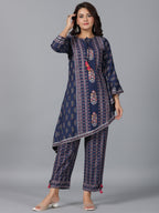 Juniper Women Navy Blue Rayon Printed Kurta Pant Set | Grocsy