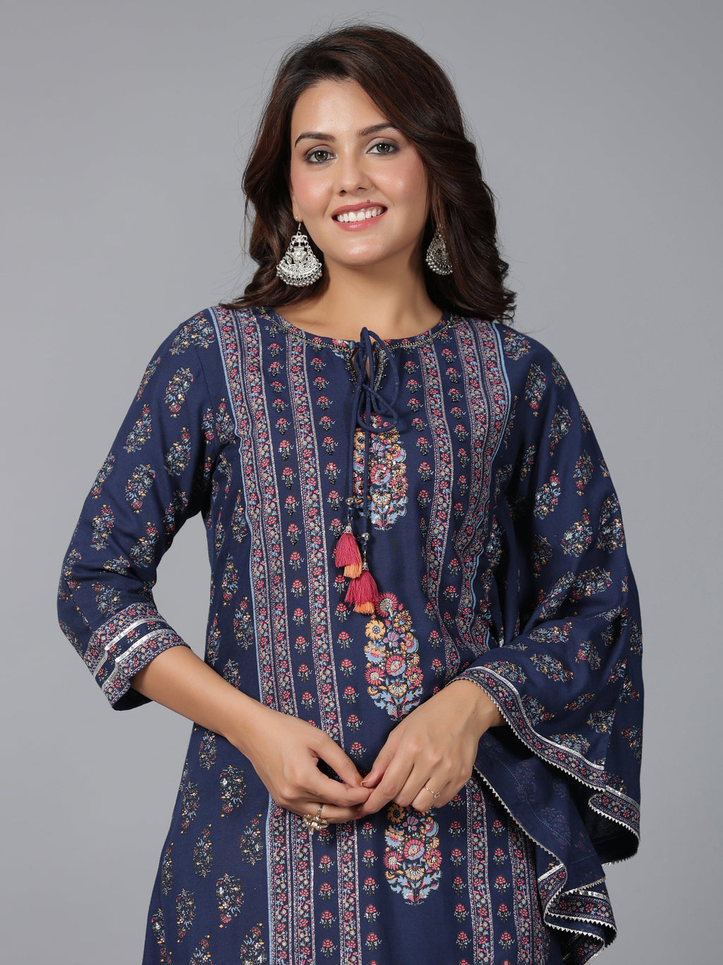 Juniper Women Navy Blue Rayon Printed Kurta Pant Set | Grocsy