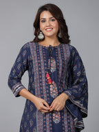 Juniper Women Navy Blue Rayon Printed Kurta Pant Set | Grocsy