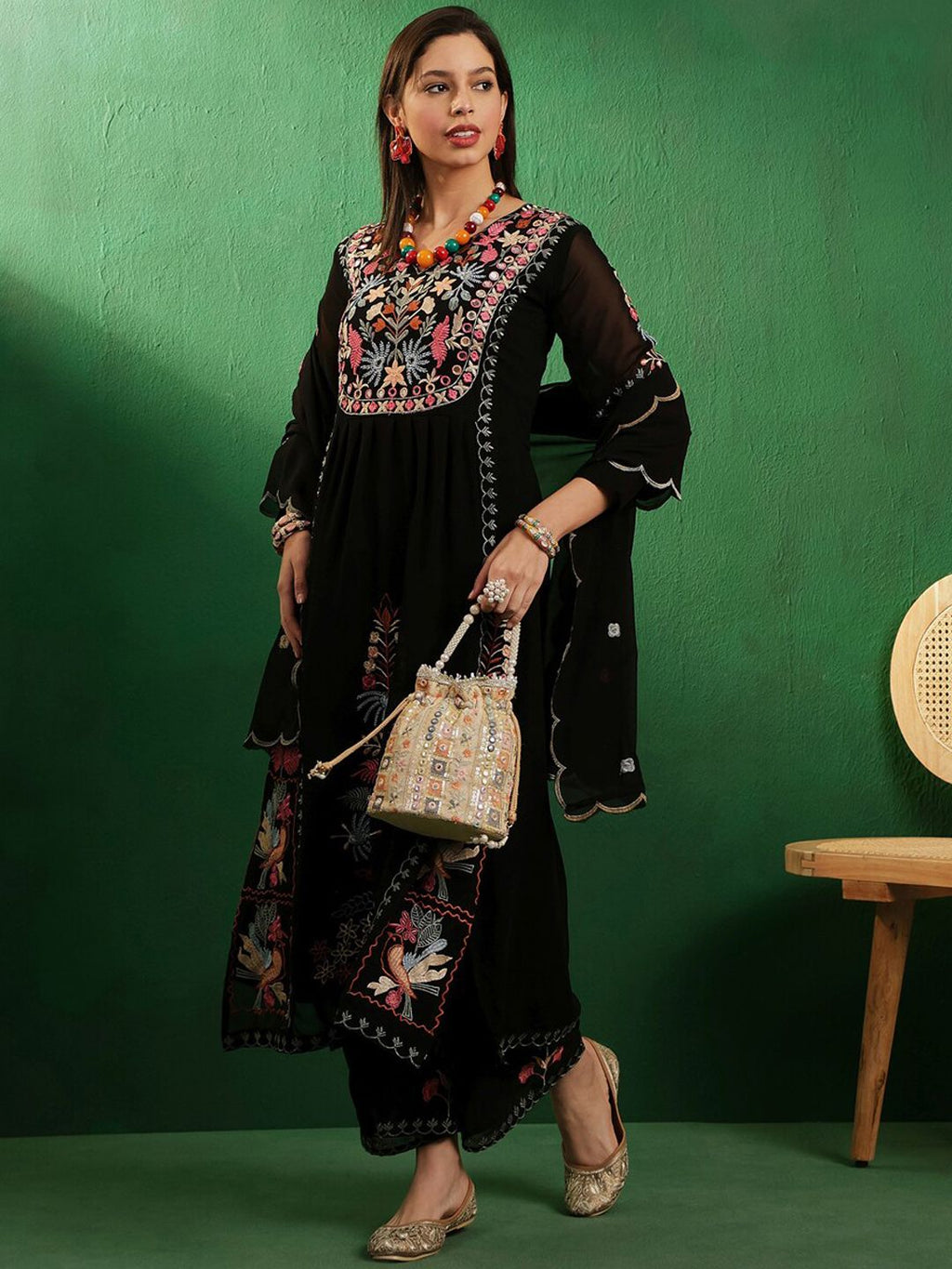 Sangria V Neck Floral Embroidered A Line Kurta with Palazzos & Dupatta | Grocsy