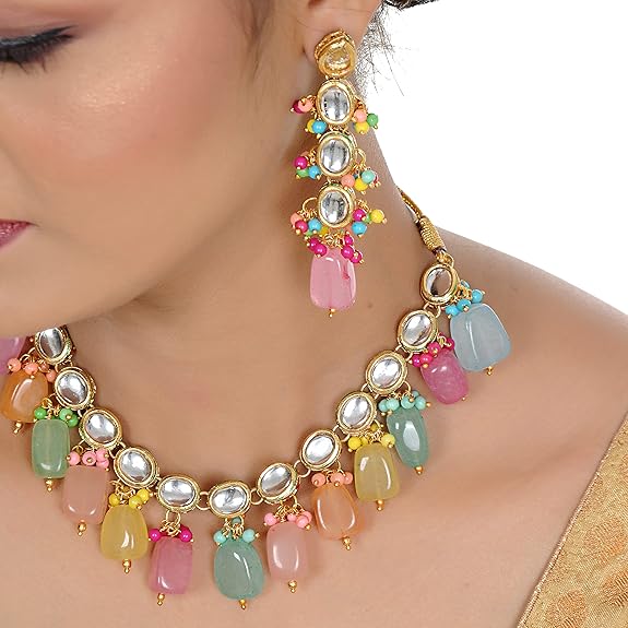 Tehzeeb Creations Back Meenakari Gold-Polished Multicolor Tika Earring Jewellery Set Uncut Kundan Big Faux Kundan Dibbi Kundan Choker Necklace Set | Grocsy