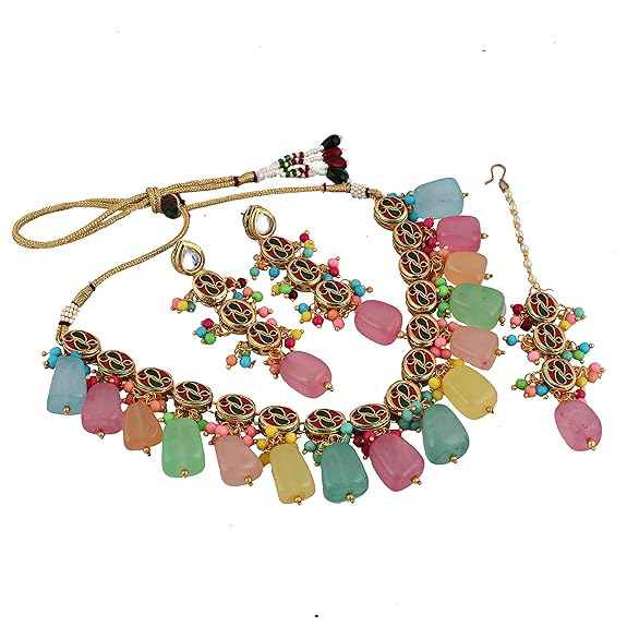 Tehzeeb Creations Back Meenakari Gold-Polished Multicolor Tika Earring Jewellery Set Uncut Kundan Big Faux Kundan Dibbi Kundan Choker Necklace Set | Grocsy