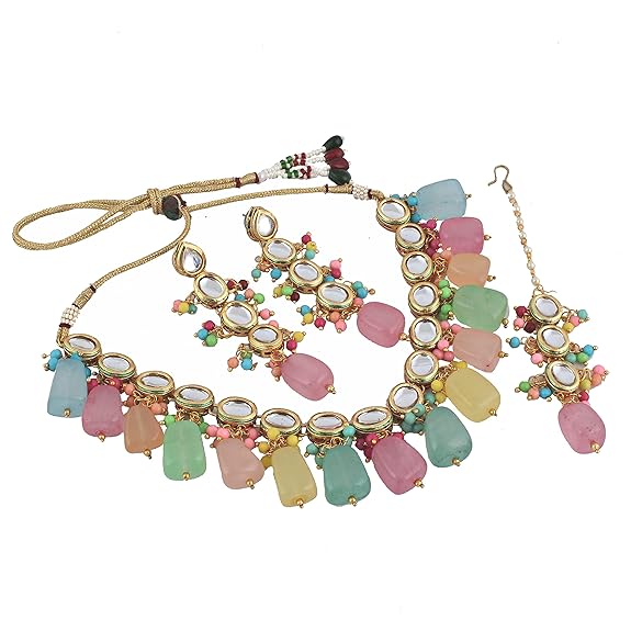 Tehzeeb Creations Back Meenakari Gold-Polished Multicolor Tika Earring Jewellery Set Uncut Kundan Big Faux Kundan Dibbi Kundan Choker Necklace Set | Grocsy