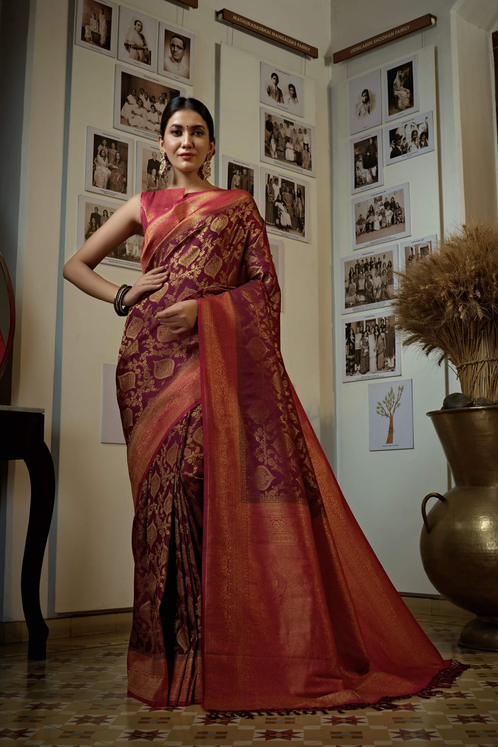 Vardha Myrtle Wine Golden Zari Kanjeevaram Silk Saree | Grocsy