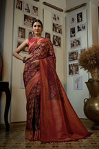 Vardha Myrtle Wine Golden Zari Kanjeevaram Silk Saree | Grocsy