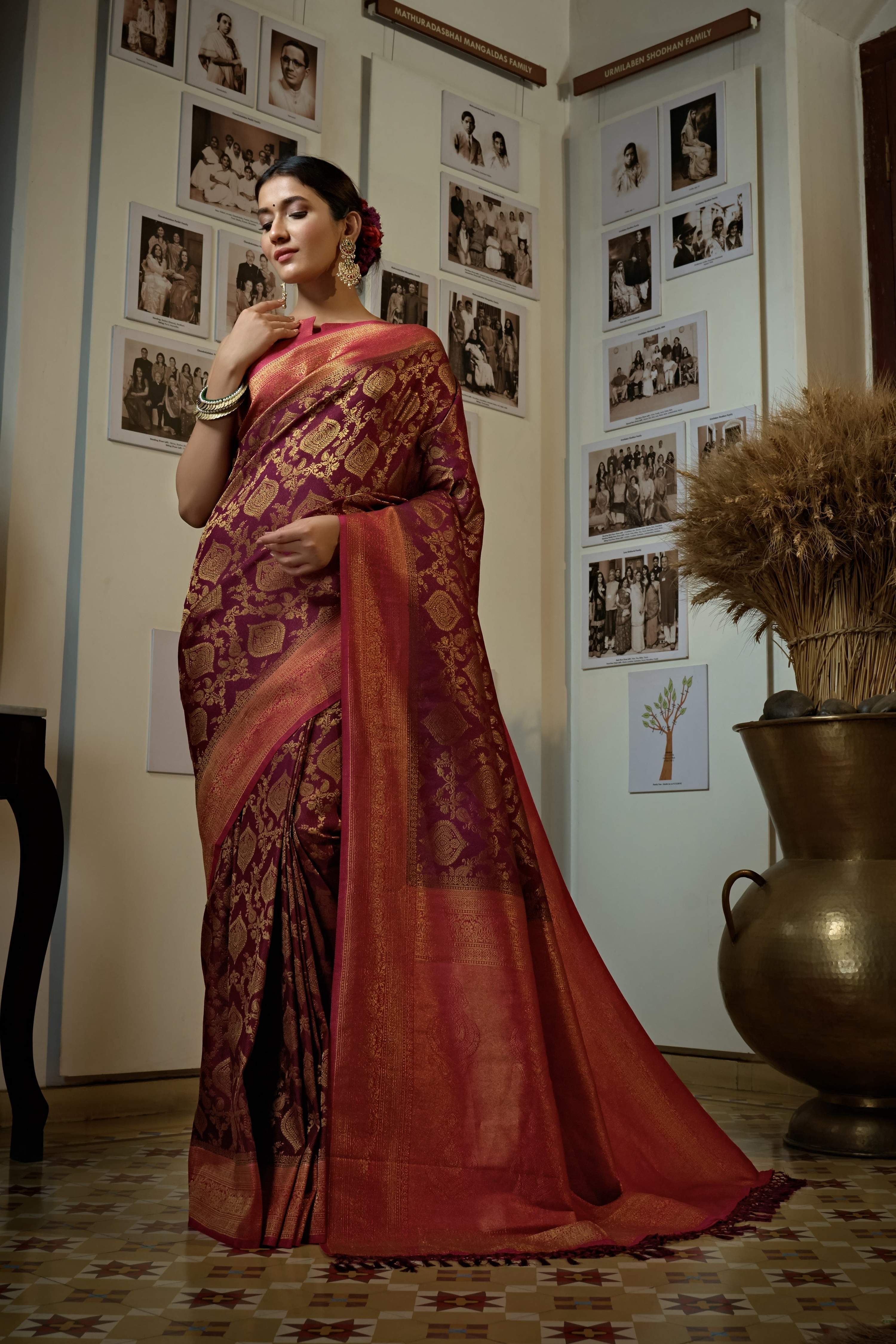 Vardha Myrtle Wine Golden Zari Kanjeevaram Silk Saree | Grocsy