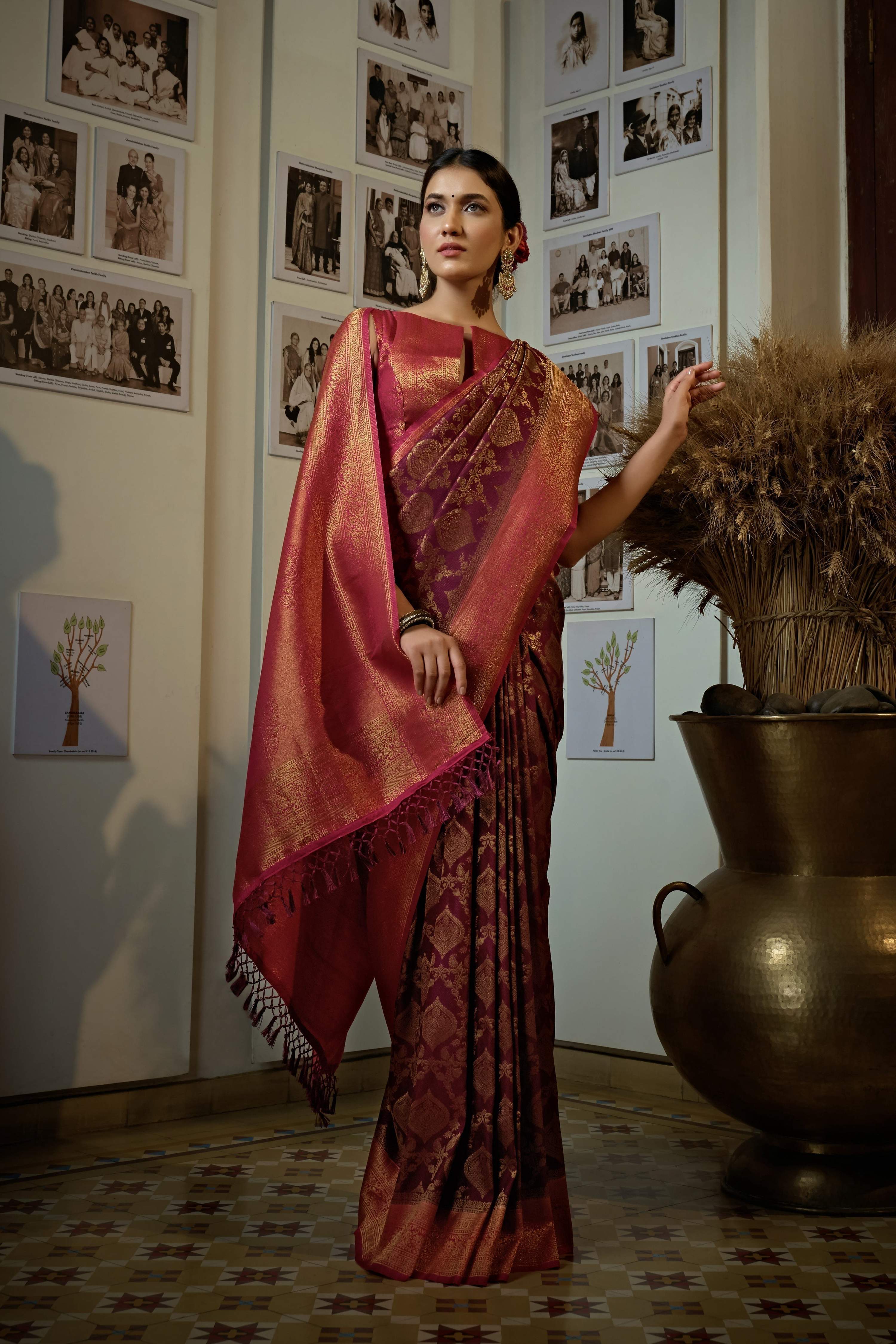 Vardha Myrtle Wine Golden Zari Kanjeevaram Silk Saree | Grocsy