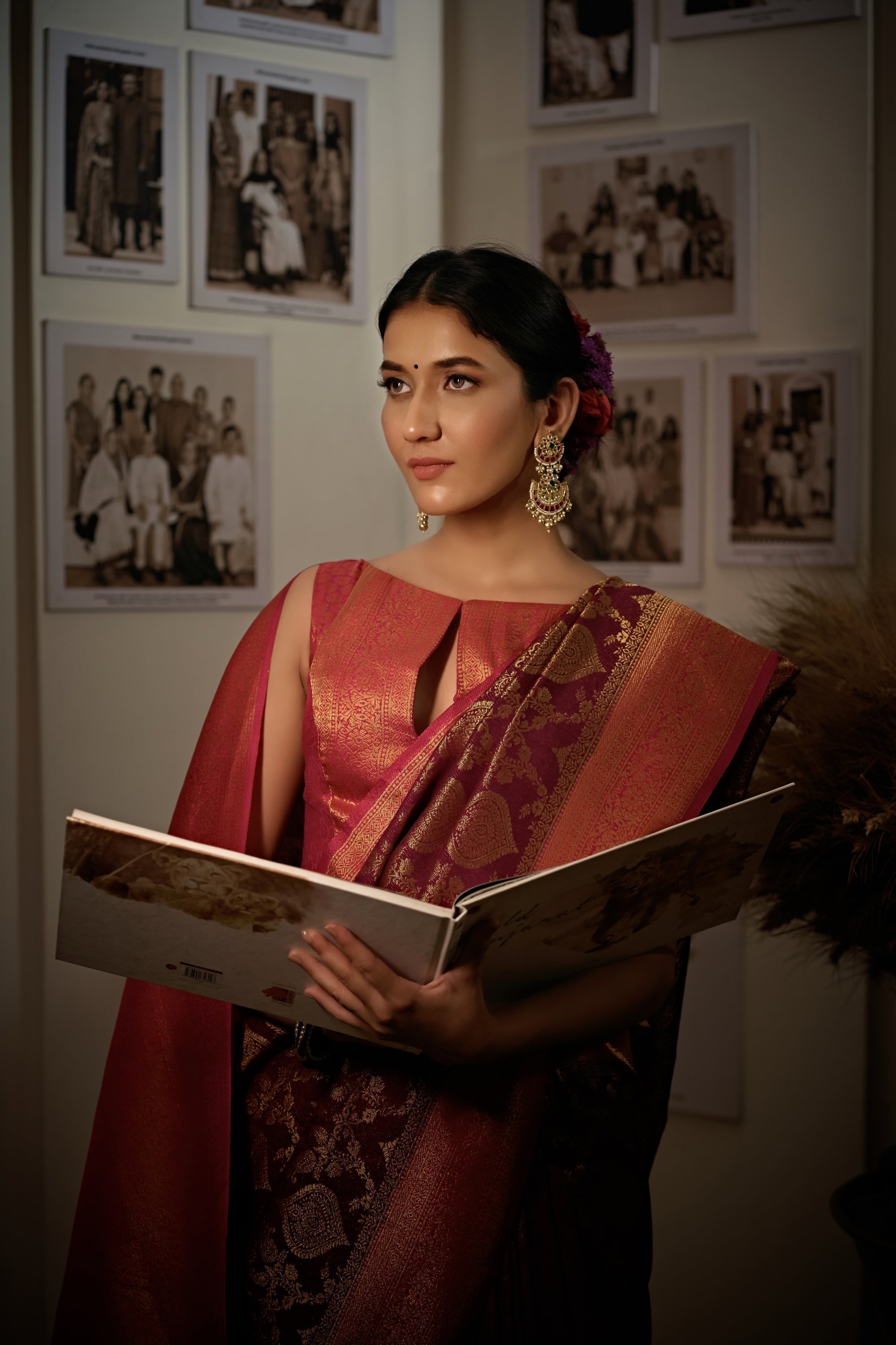 Vardha Myrtle Wine Golden Zari Kanjeevaram Silk Saree | Grocsy