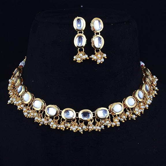 Tehzeeb Creations Back Meenakari Gold-Polished White Color Triangular Shape Earring Jewellery Set Uncut Kundan Big Faux Kundan Dibbi Kundan Choker Necklace Set | Grocsy