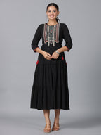 Juniper Women Black Cotton Crepe Embroidered Tiered Maxi Dress | Grocsy
