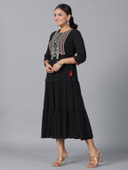 Juniper Women Black Cotton Crepe Embroidered Tiered Maxi Dress | Grocsy