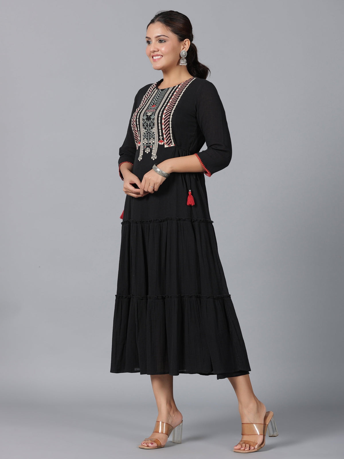 Juniper Women Black Cotton Crepe Embroidered Tiered Maxi Dress | Grocsy