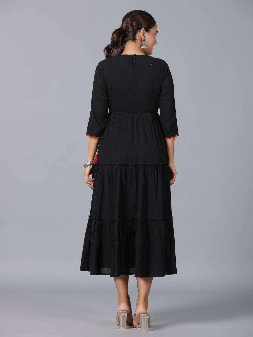 Juniper Women Black Cotton Crepe Embroidered Tiered Maxi Dress | Grocsy