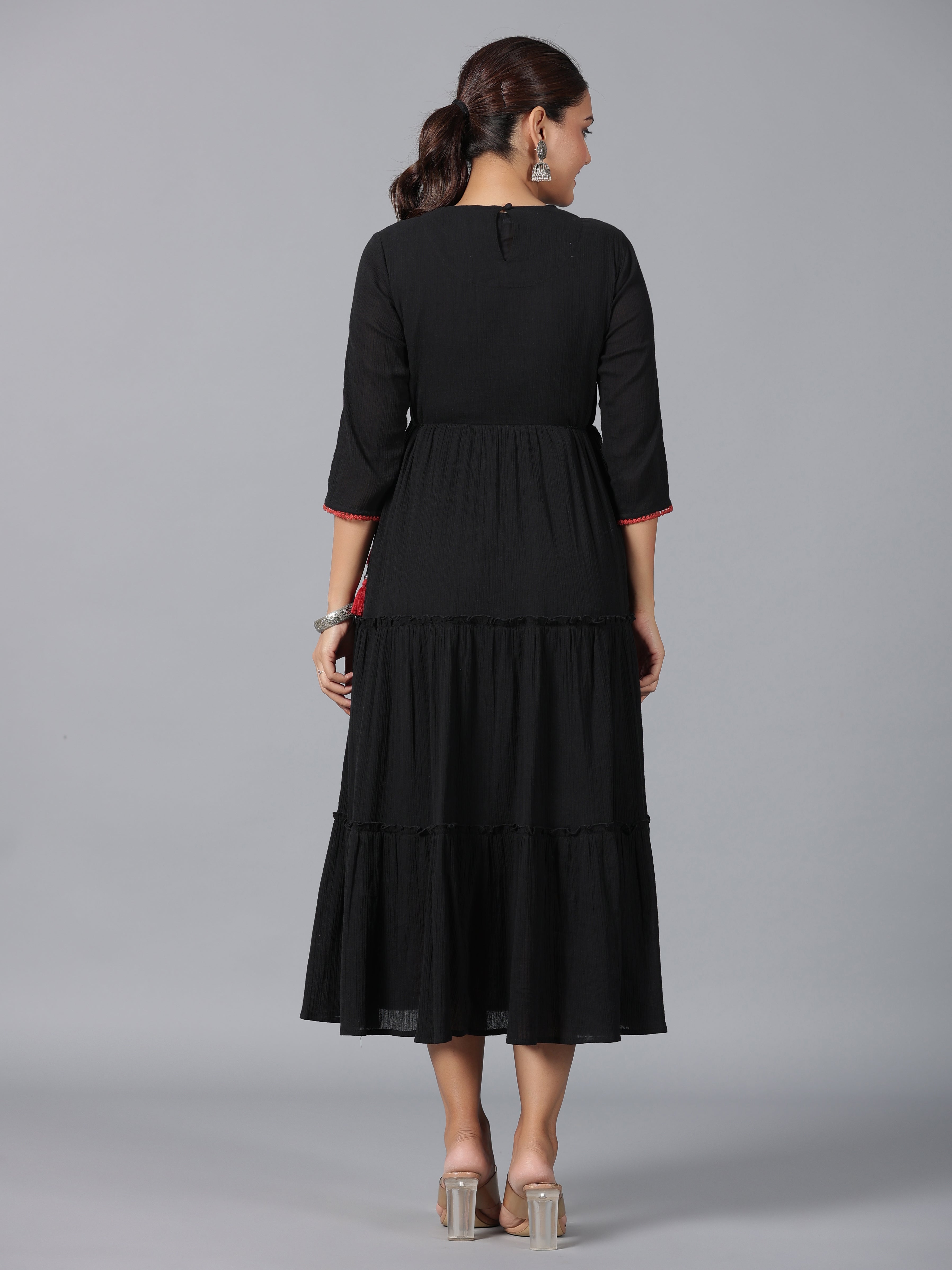 Juniper Women Black Cotton Crepe Embroidered Tiered Maxi Dress | Grocsy