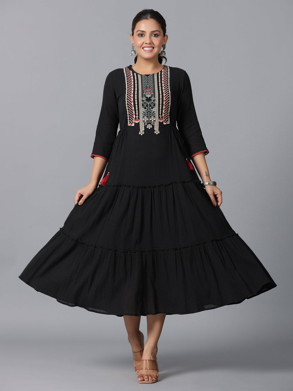 Juniper Women Black Cotton Crepe Embroidered Tiered Maxi Dress | Grocsy