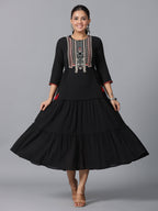 Juniper Women Black Cotton Crepe Embroidered Tiered Maxi Dress | Grocsy