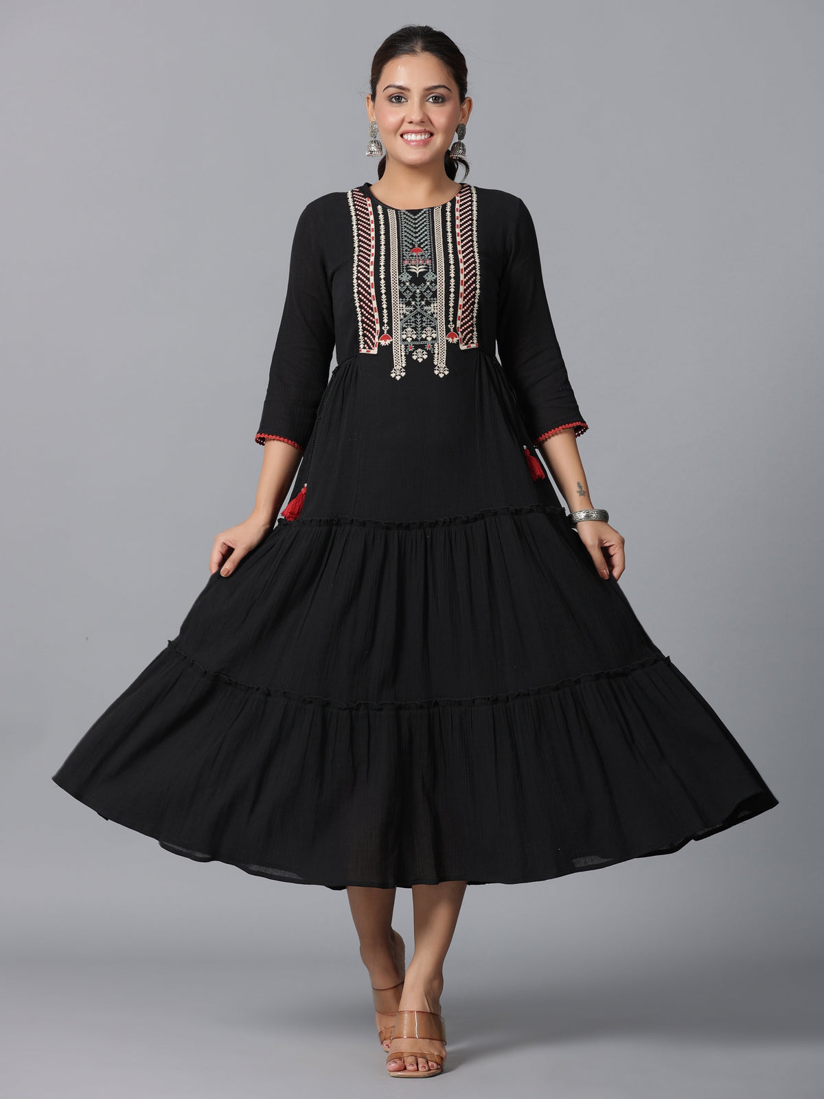 Juniper Women Black Cotton Crepe Embroidered Tiered Maxi Dress | Grocsy