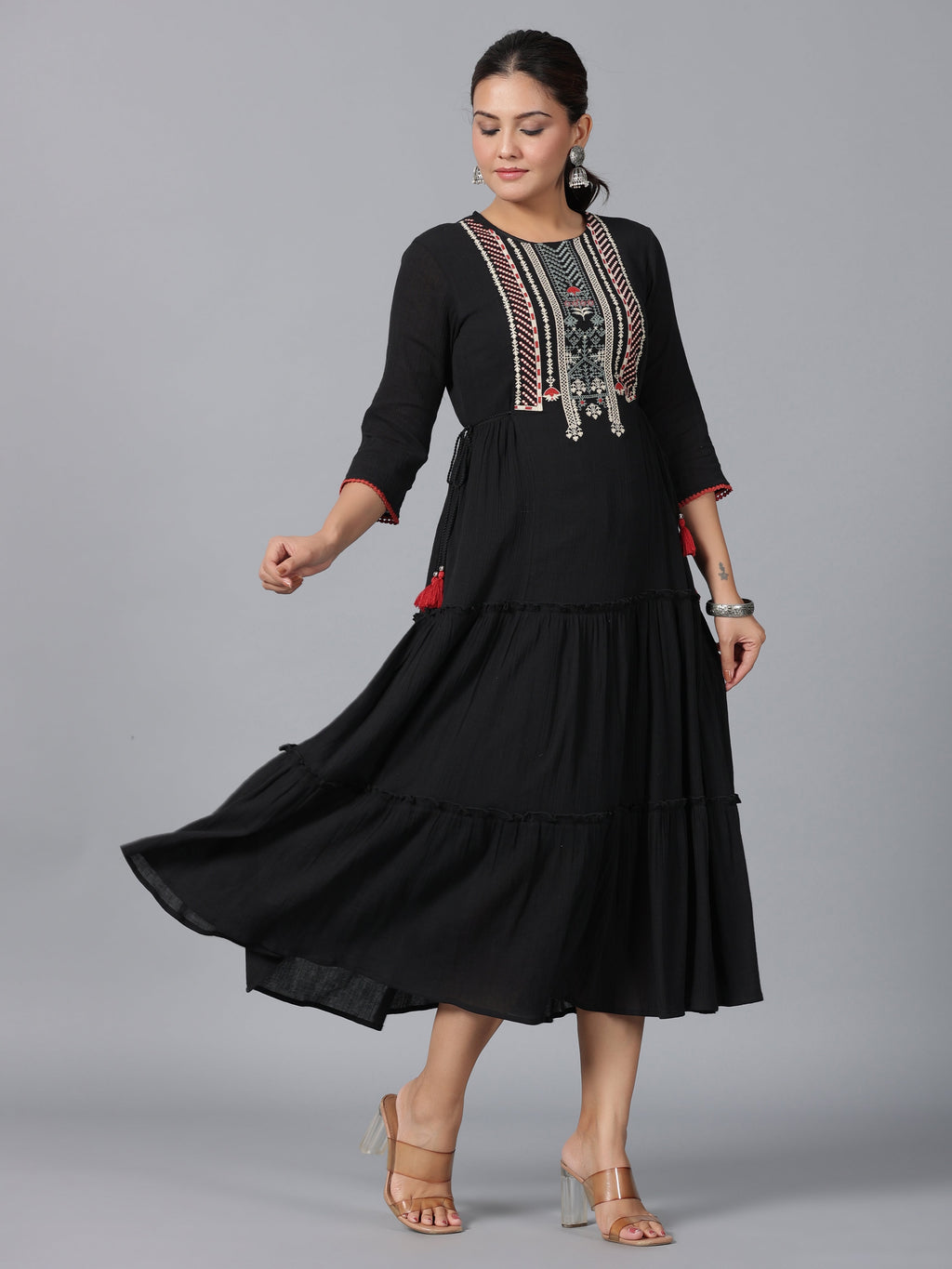 Juniper Women Black Cotton Crepe Embroidered Tiered Maxi Dress | Grocsy