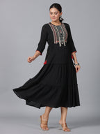 Juniper Women Black Cotton Crepe Embroidered Tiered Maxi Dress | Grocsy