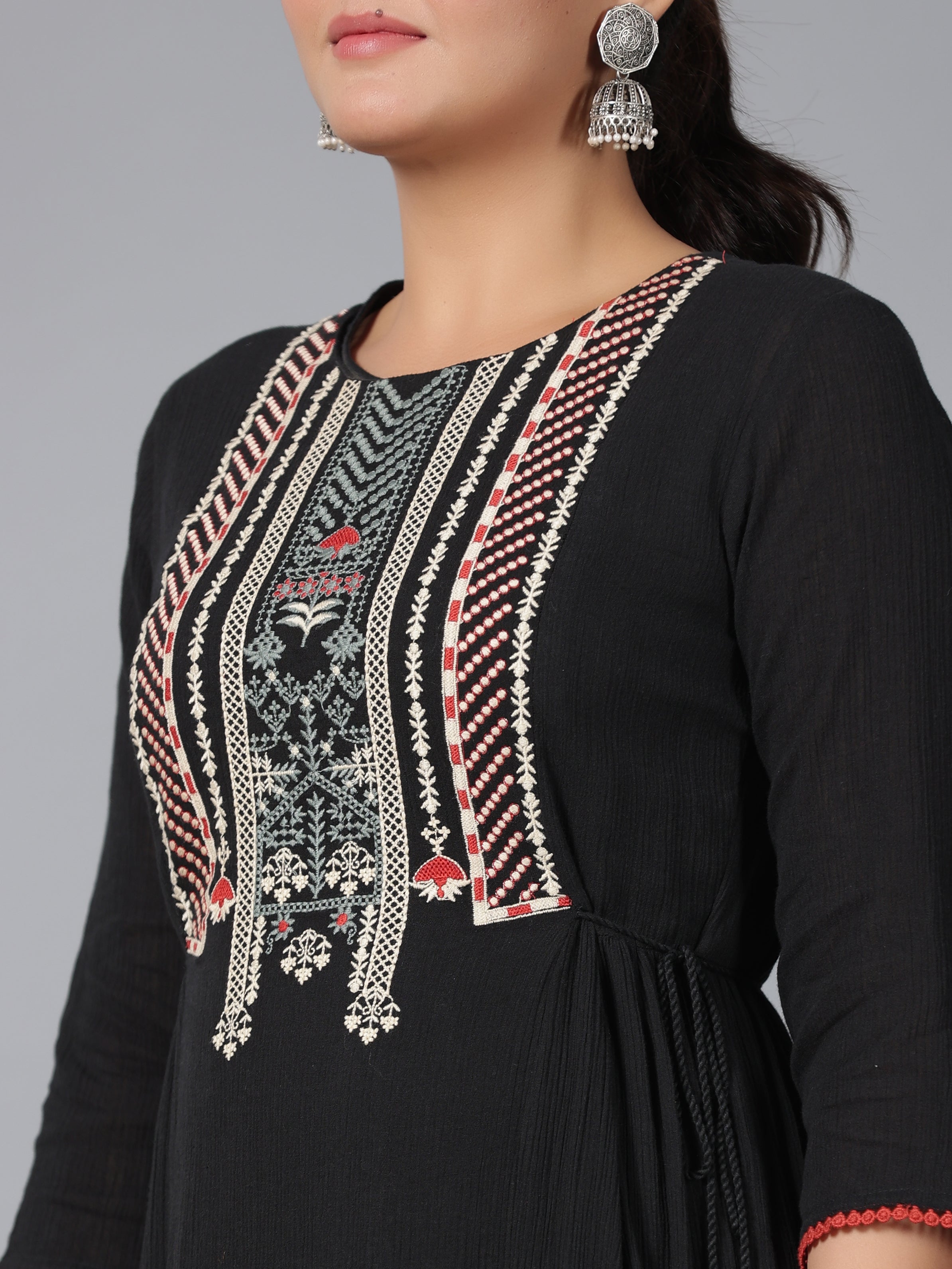 Juniper Women Black Cotton Crepe Embroidered Tiered Maxi Dress | Grocsy
