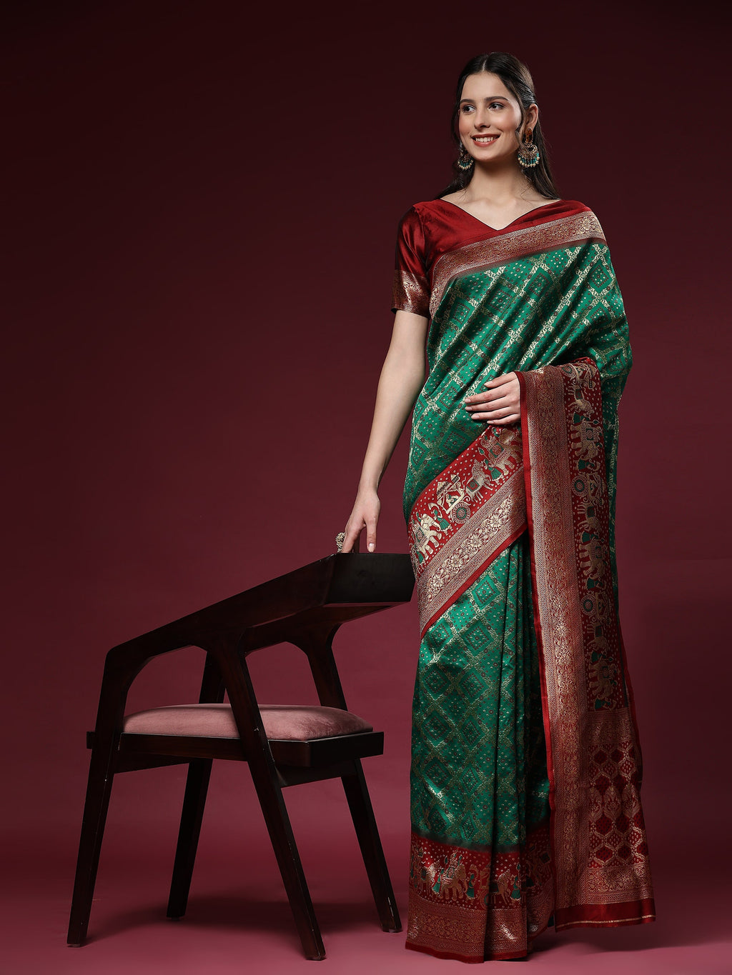 Vedant Vastram Patola Design KanchiPuram Silk Saree For Women - Green | Grocsy