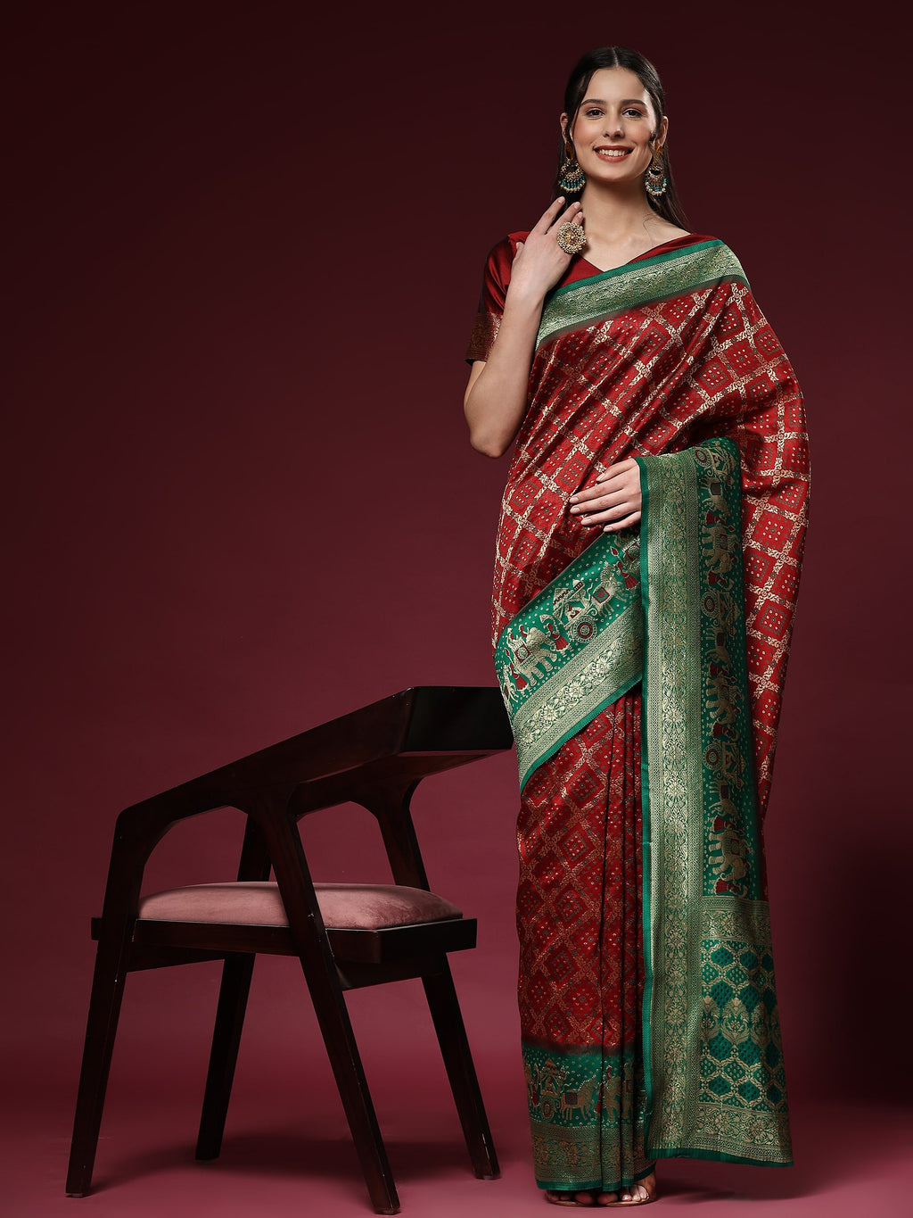 Vedant Vastram Patola Design KanchiPuram Silk Saree For Women - Maroon | Grocsy