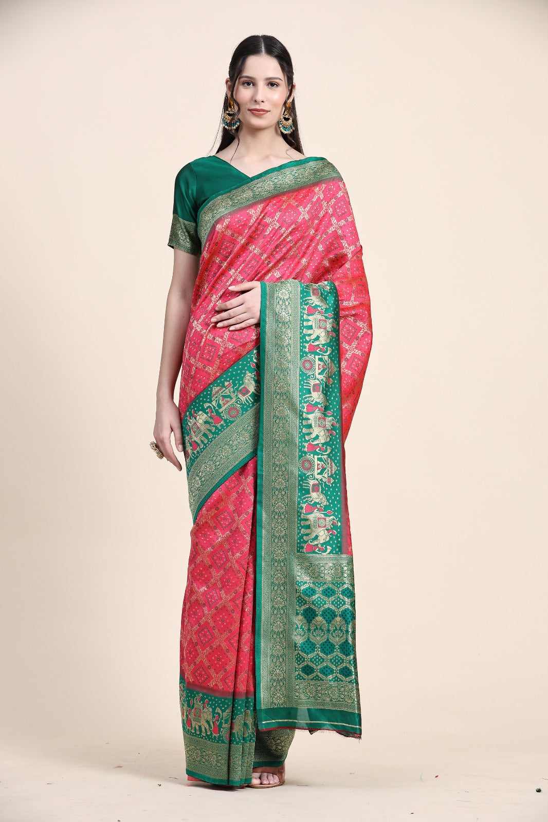 Vedant Vastram Patola Design KanchiPuram Silk Saree For Women - Rani Pink | Grocsy