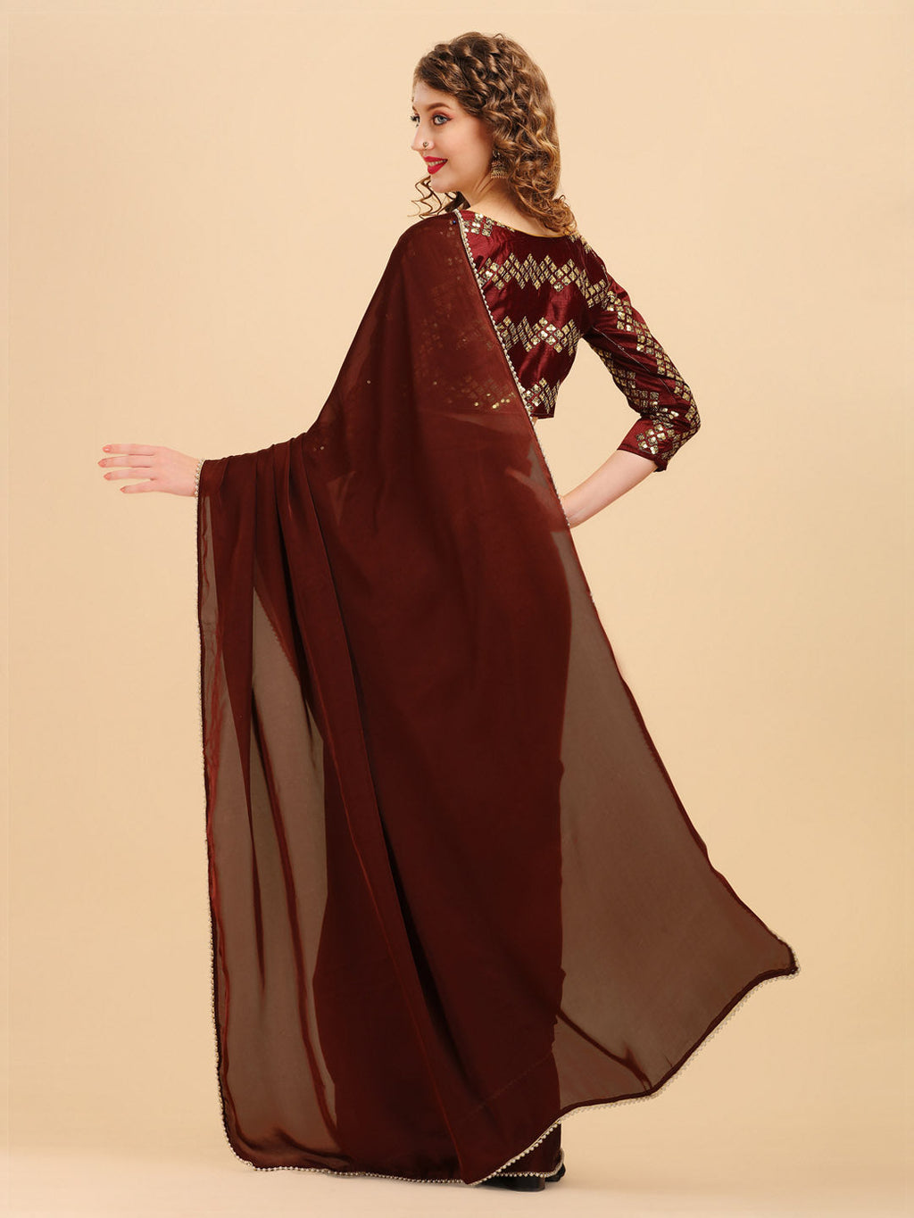 Sangria Coffee Brown & Golden Embroidered Satin Saree | Grocsy