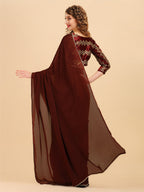 Sangria Coffee Brown & Golden Embroidered Satin Saree | Grocsy