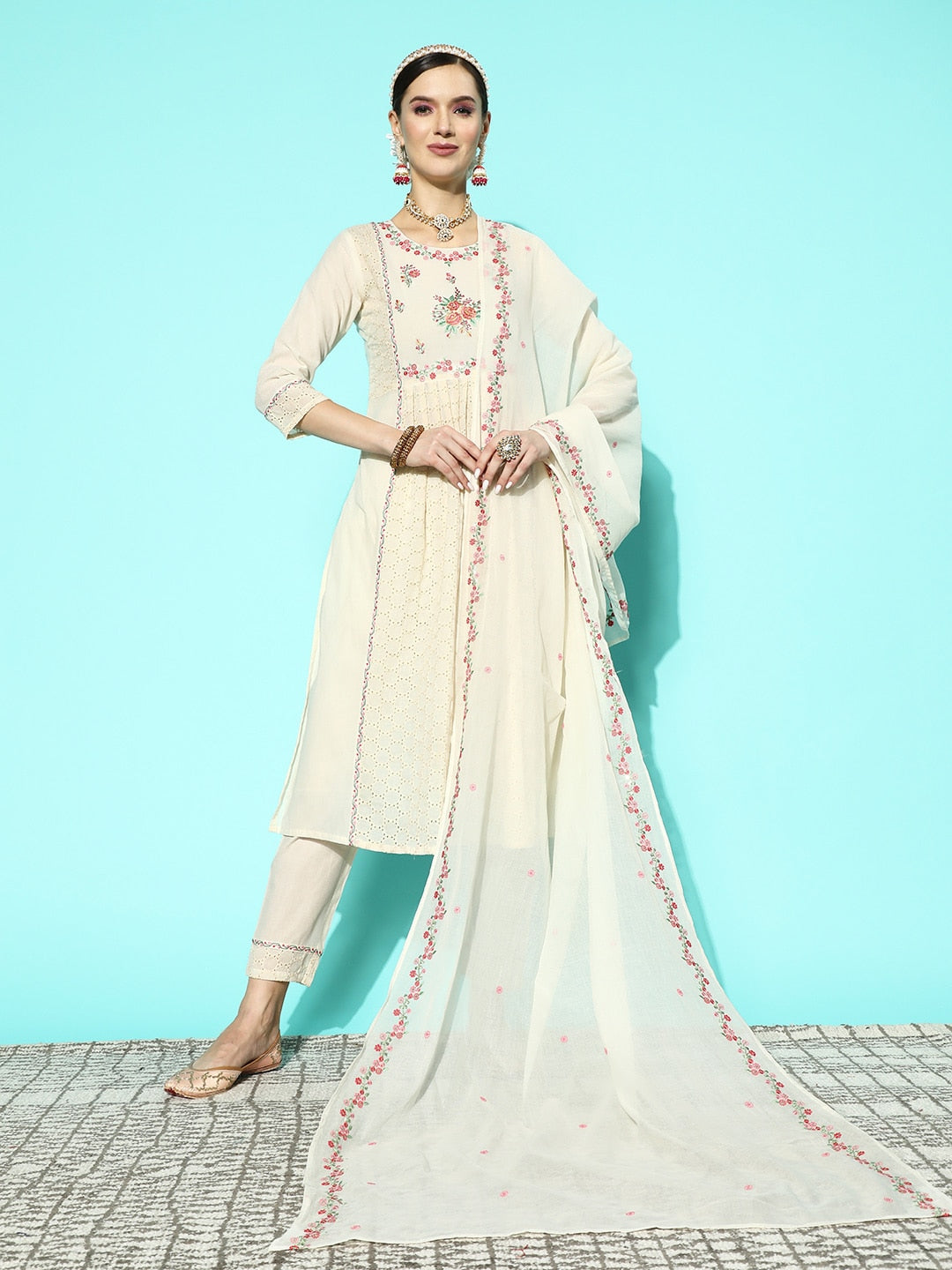 Sangria Women Floral Embroidered Sequinned Pure Cotton Kurta with Trousers & With Dupatta | Grocsy