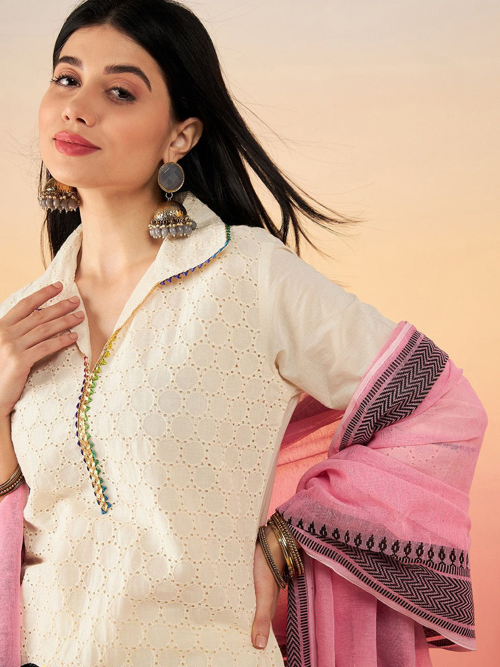 Sangria Off White Ethnic Motifs Self Design Thread Work Pure Cotton Pathani Kurta Sets | Grocsy