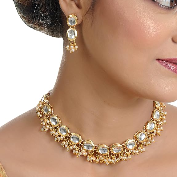 Tehzeeb Creations Back Meenakari Gold-Polished White Color Triangular Shape Earring Jewellery Set Uncut Kundan Big Faux Kundan Dibbi Kundan Choker Necklace Set | Grocsy