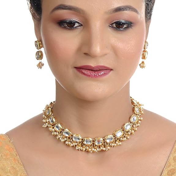 Tehzeeb Creations Back Meenakari Gold-Polished White Color Triangular Shape Earring Jewellery Set Uncut Kundan Big Faux Kundan Dibbi Kundan Choker Necklace Set | Grocsy
