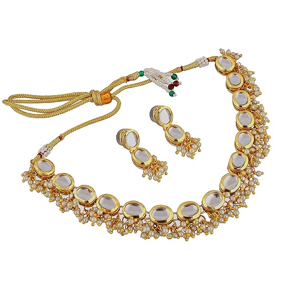 Tehzeeb Creations Back Meenakari Gold-Polished White Color Triangular Shape Earring Jewellery Set Uncut Kundan Big Faux Kundan Dibbi Kundan Choker Necklace Set | Grocsy