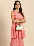 All About You Women Peach Pin & White Bandhani Print Pleated Sequinned Kurti with Palazzos | Grocsy