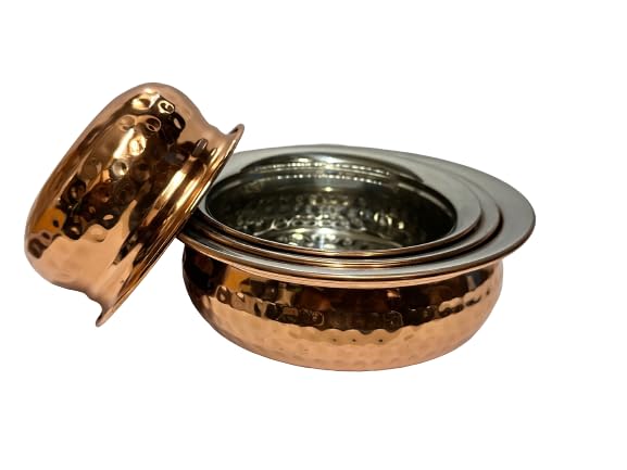 Dynore Stainless Steel Copper Plated Hammered Finish Handi Set with SS lid- Set of 4 | Grocsy