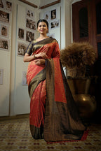 Vardha Beautiful Carmine Red Golden Zari Kanjeevaram Silk Saree | Grocsy