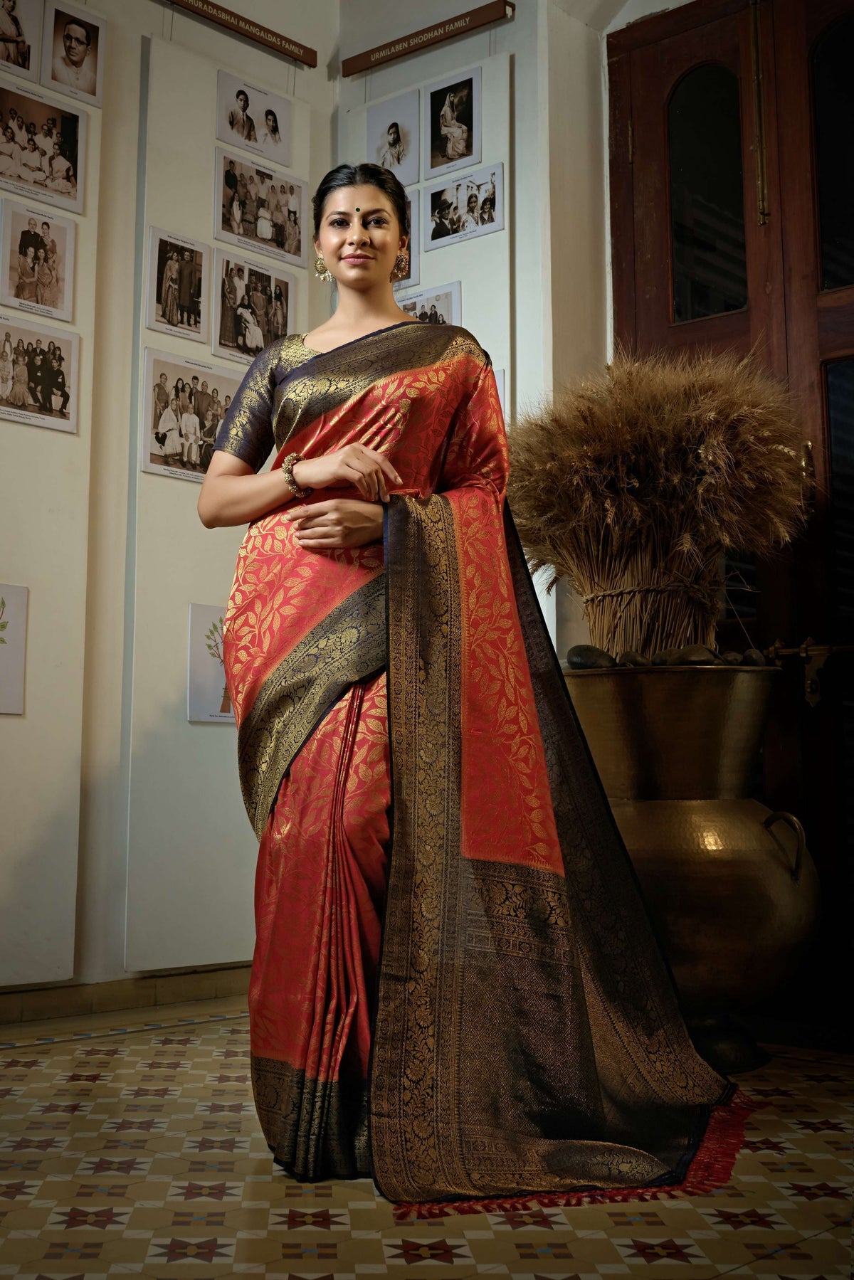 Vardha Beautiful Carmine Red Golden Zari Kanjeevaram Silk Saree | Grocsy