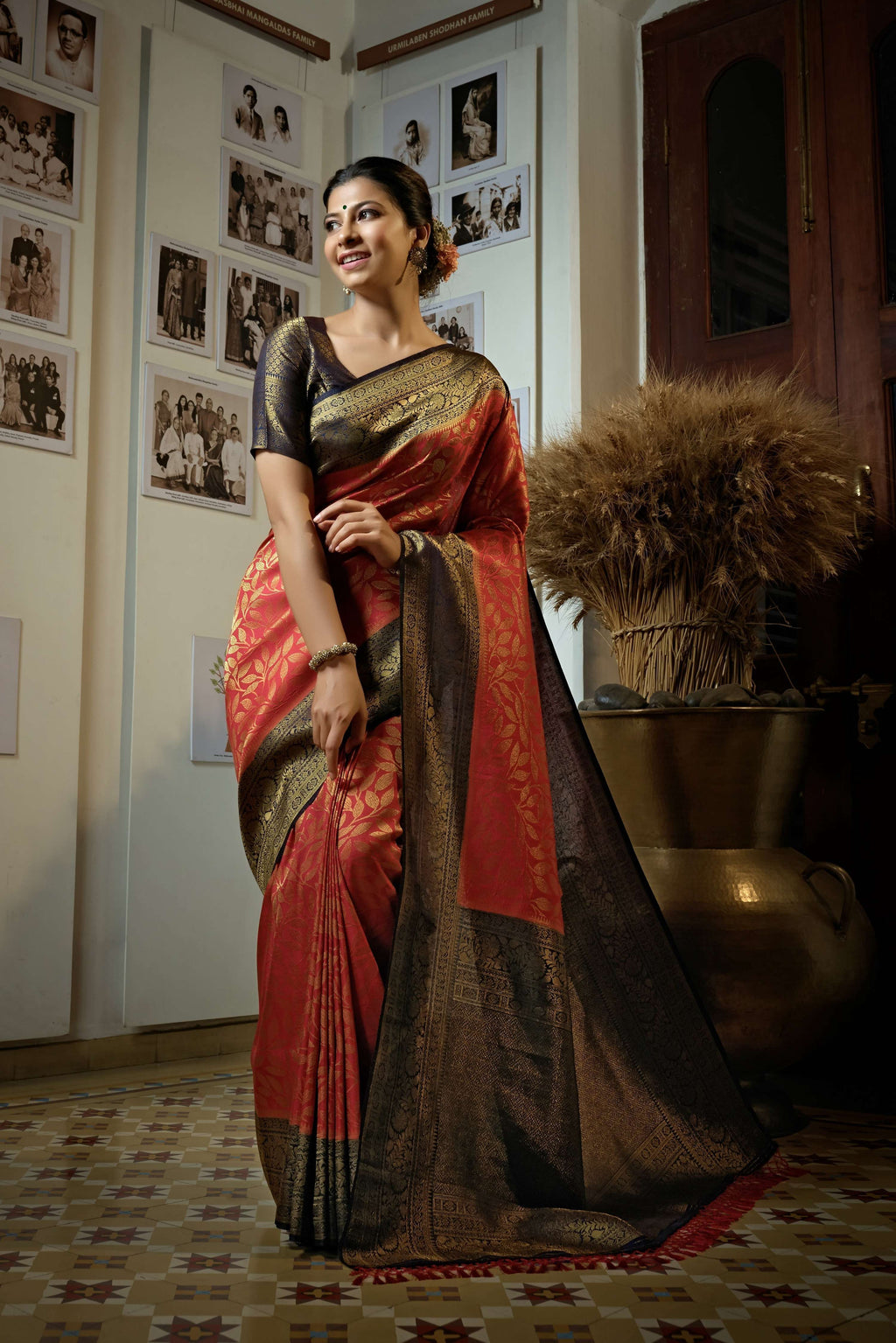 Vardha Beautiful Carmine Red Golden Zari Kanjeevaram Silk Saree | Grocsy