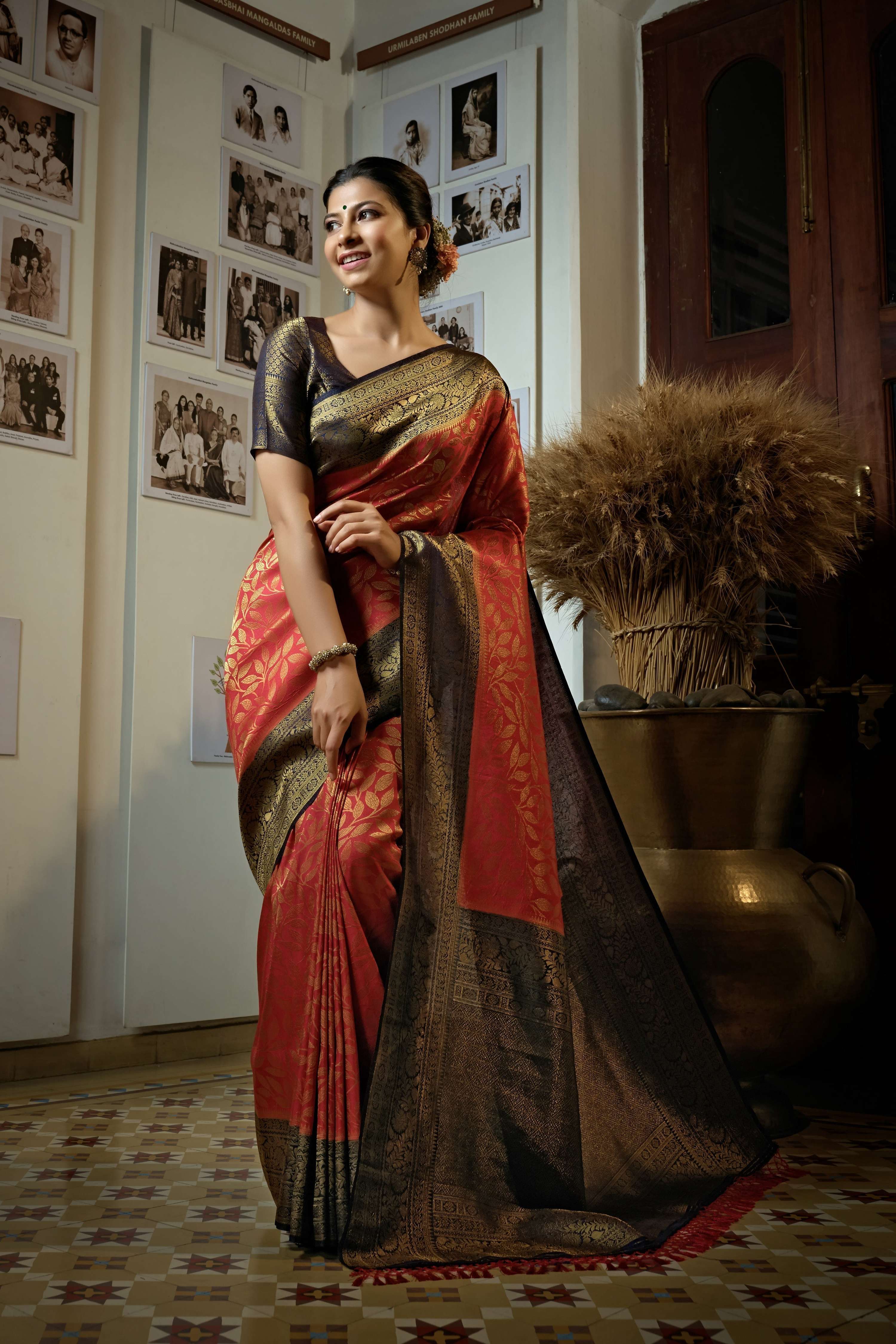 Vardha Beautiful Carmine Red Golden Zari Kanjeevaram Silk Saree | Grocsy