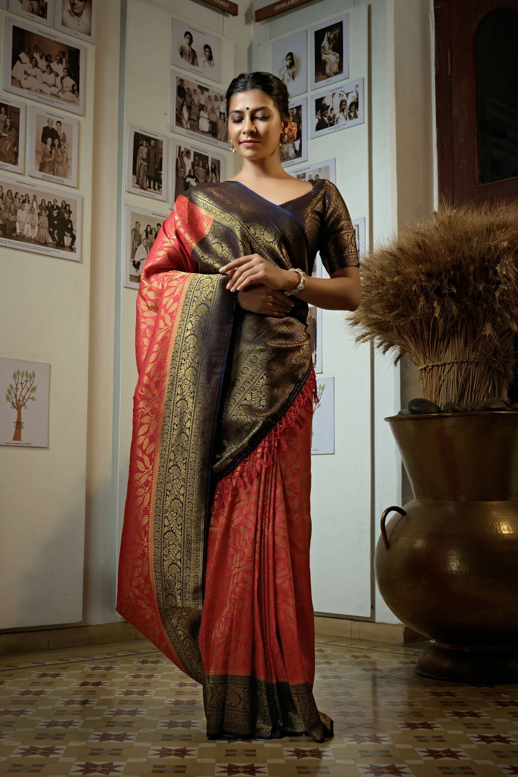 Vardha Beautiful Carmine Red Golden Zari Kanjeevaram Silk Saree | Grocsy
