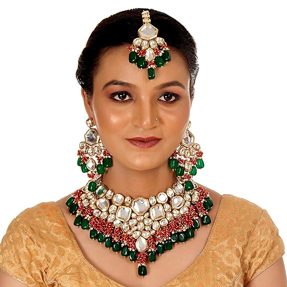 Tehzeeb Creations Meenakari Gold-Polished Multi color Uncut dibbi Kundan Combo Necklace Set | Grocsy