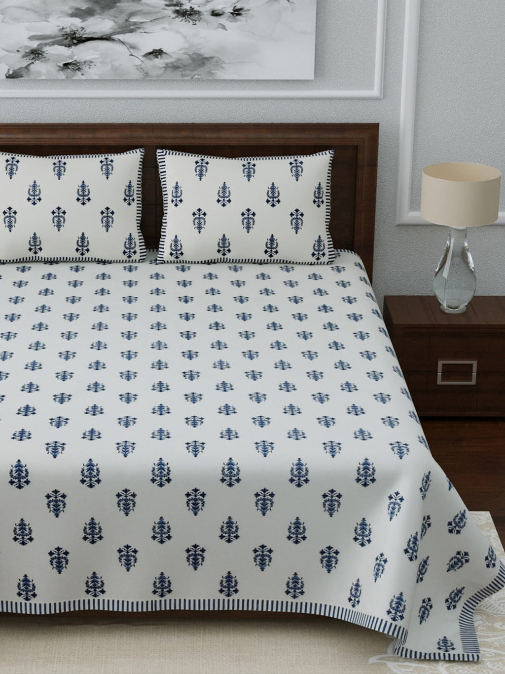LIVING ROOTS White & Navy Blue Printed 210 TC Cotton 1 Extra Large Bedsheet with 2 Pillow Covers | Grocsy