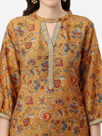 HERE&NOW Women Mustard Yellow Floral Printed Kurti with Trousers | Grocsy