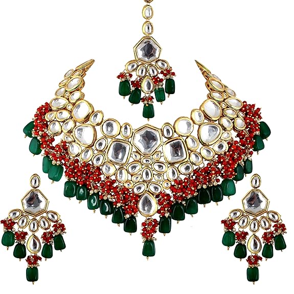 Tehzeeb Creations Meenakari Gold-Polished Multi color Uncut dibbi Kundan Combo Necklace Set | Grocsy