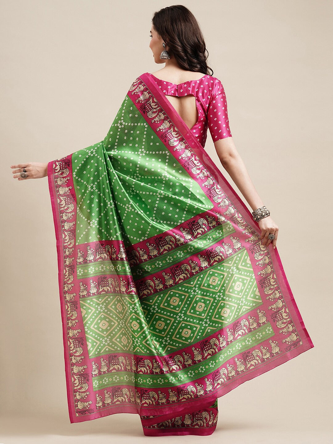 Saree Mall Green & Fuchsia Bandhani Silk Blend Bandhani Sarees | Grocsy