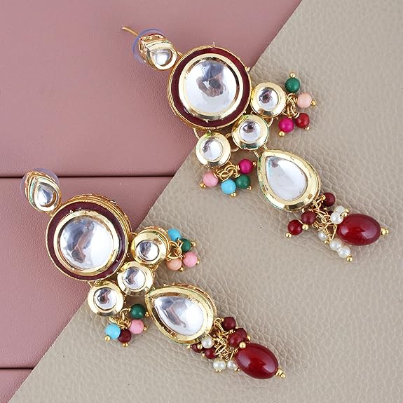 Tehzeeb Creations Back Meenakari Gold-Polished Tika Earring Combo Uncut Big Faux Kundan Choker Necklace set | Grocsy